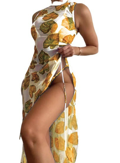 Minimalist Sexy Three-Piece Green Floral Bikini Set