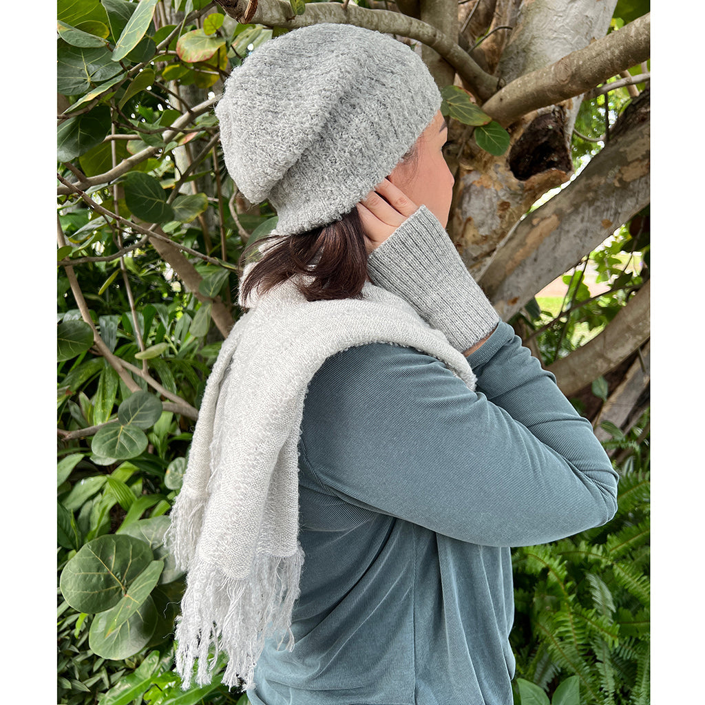 Gray Loop Knit Alpaca Beanie | Embroidered Cap