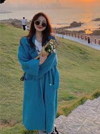Elegant Blue Women's Knitted Winter Cardigan Jacket
