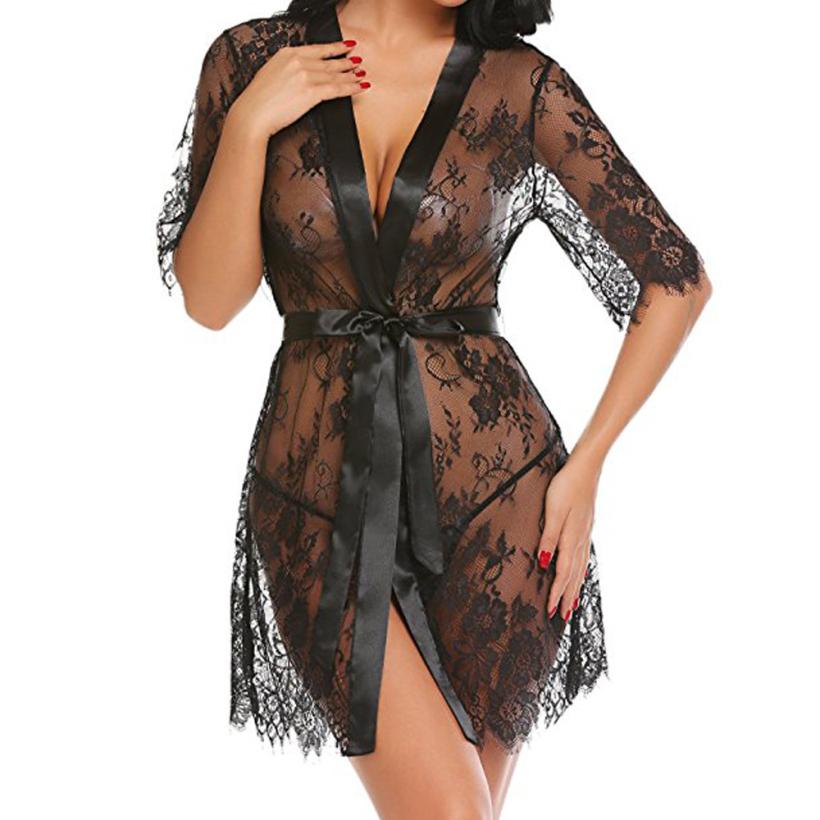 Lace Deep V-Neck Robe with Tie, Lingerie Nightgown