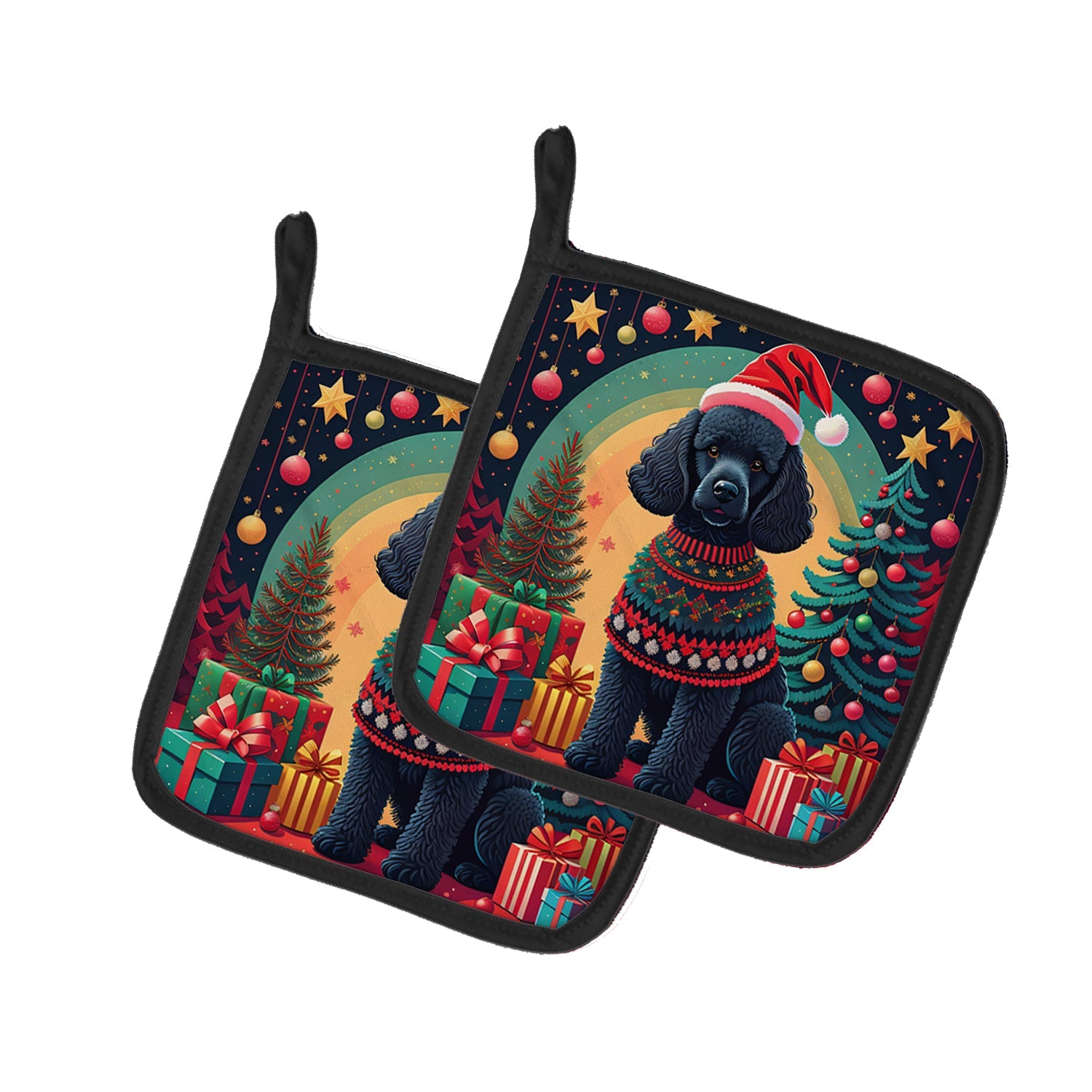 Black Poodle Christmas Pair of Pot Holders