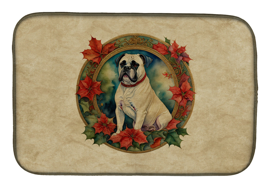 White Boxer Christmas Flowers Dish Drying Mat
