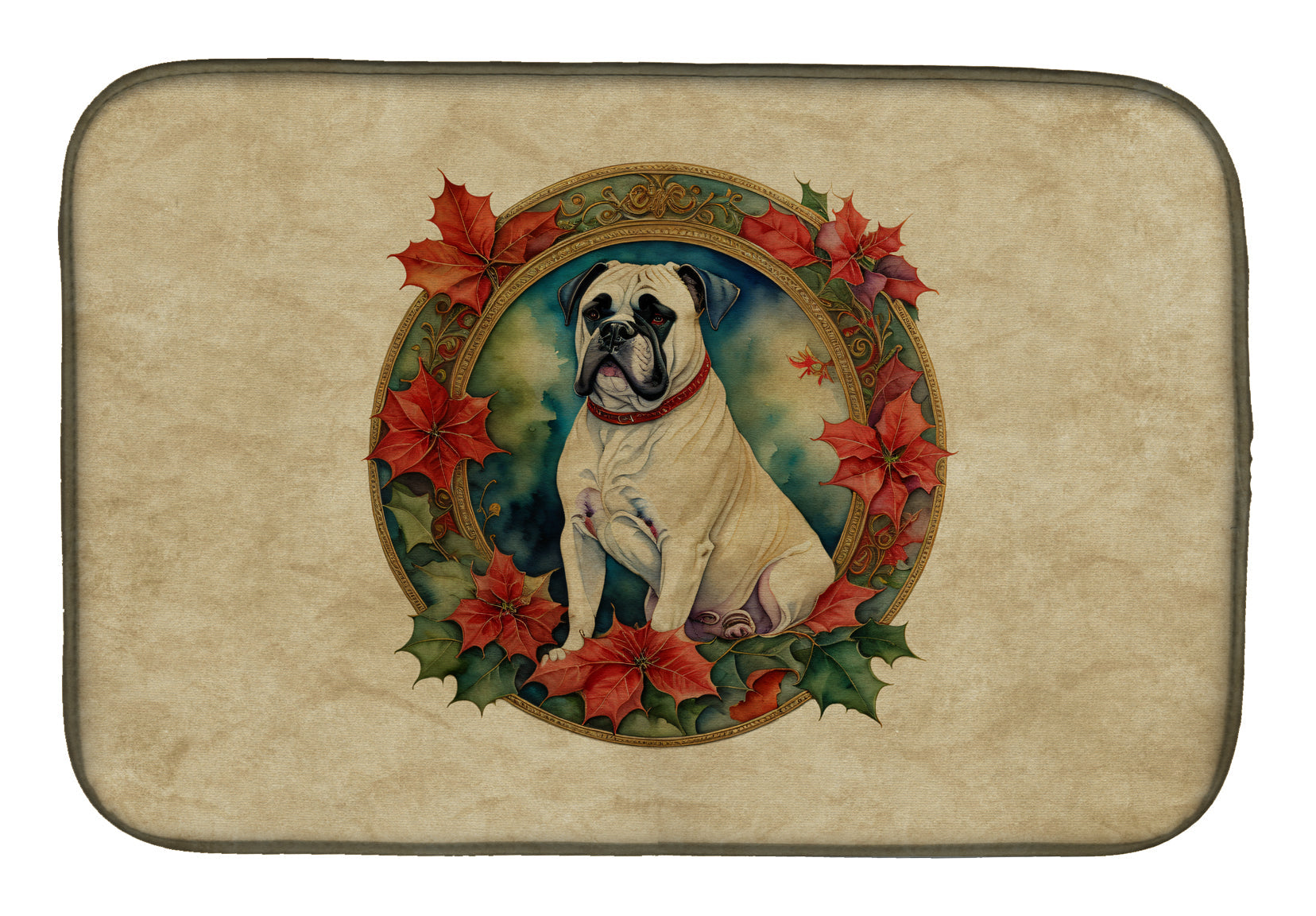 White Boxer Christmas Flowers Dish Drying Mat