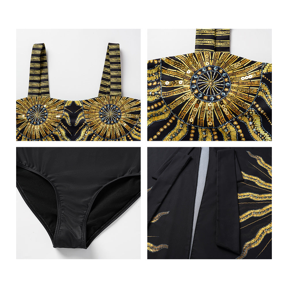2023 Black Gold Sequin One-Piece Swimsuit Set for Women