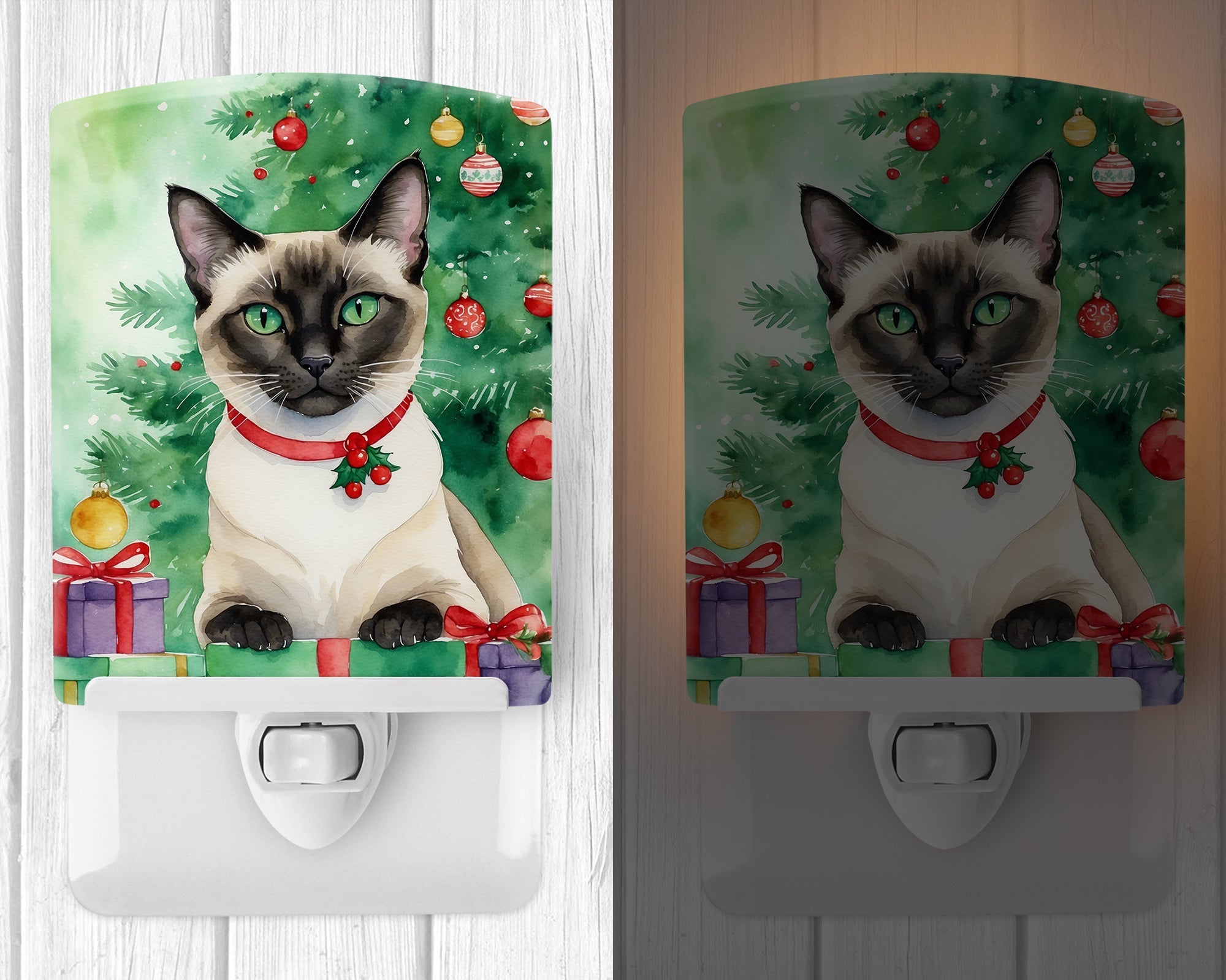Siamese Cat By the Christmas Tree Ceramic Night Light