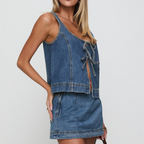Women's Sleeveless Lace-Up Denim Vest and Shorts Set
