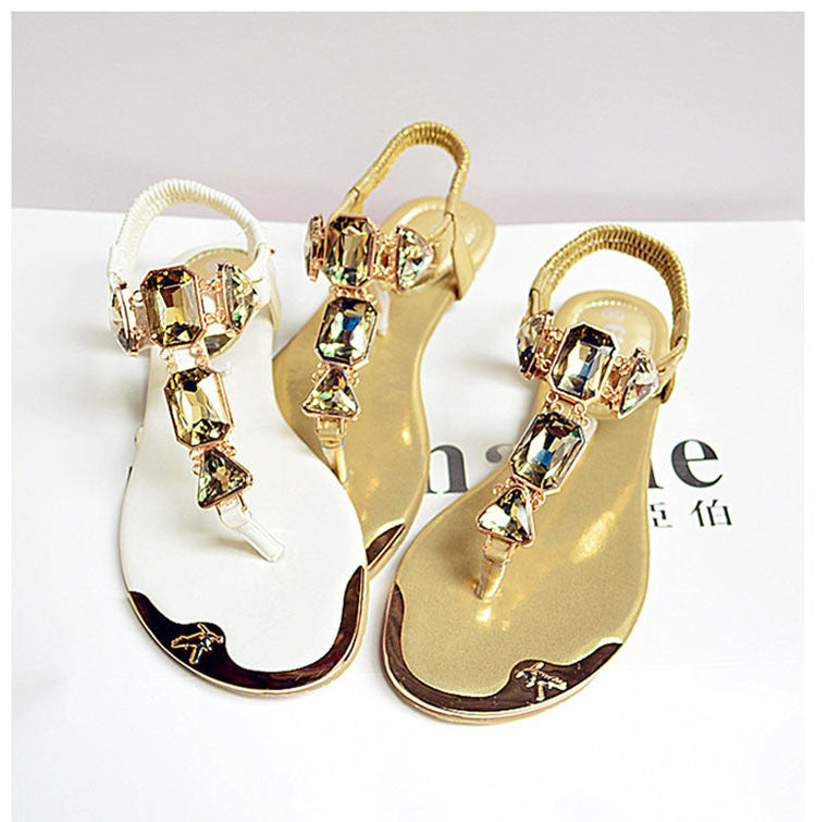 Summer Flat Thong Sandals with Rhinestones and Strap