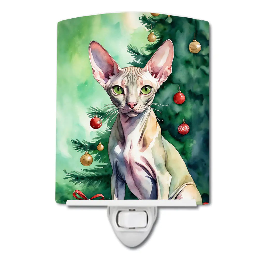 Peterbald Cat By the Christmas Tree Ceramic Night Light
