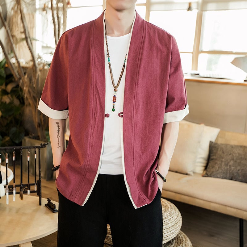 Retro Cotton Linen Tang Suit Cardigan with Five-point Sleeves
