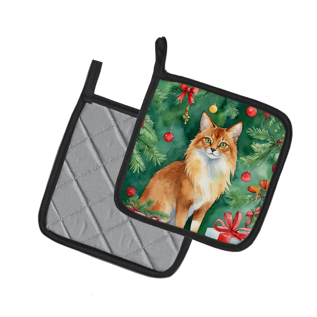 Somali Cat By the Christmas Tree Pair of Pot Holders