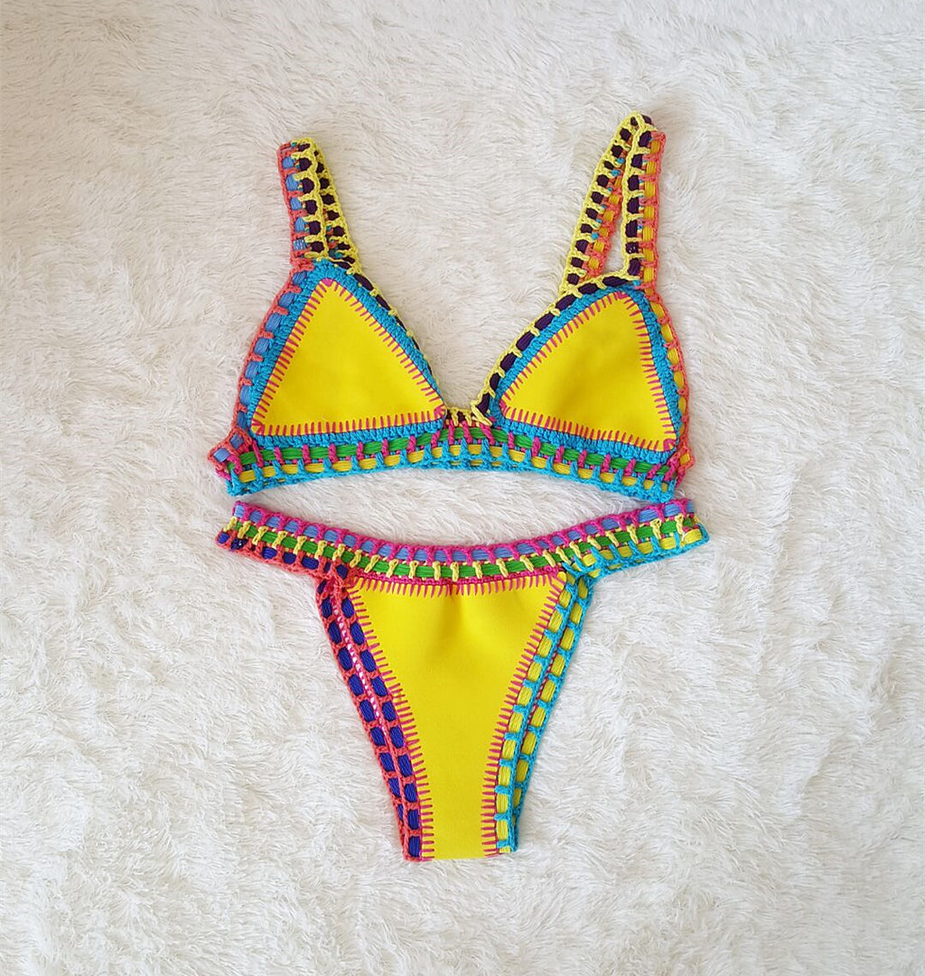 Handcrafted Colorful Bikini Set with Sexy Crochet Edging