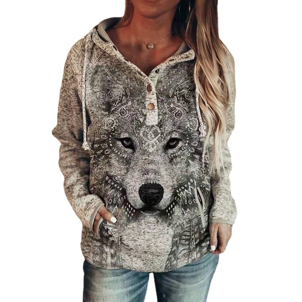 Casual Women's Hoodie with Animal Wolf Print | Streetwear