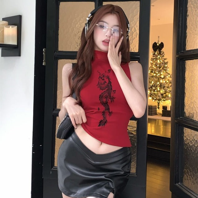 Red Floral Sleeveless Turtleneck Top for Women