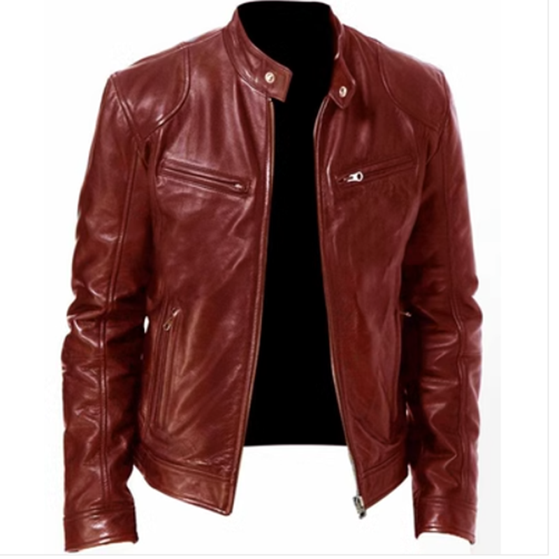 2023 Men's Slim Fit Leather Motorcycle Jacket with Zipper