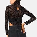 Black Leopard Print Sheer Bodysuit for Women