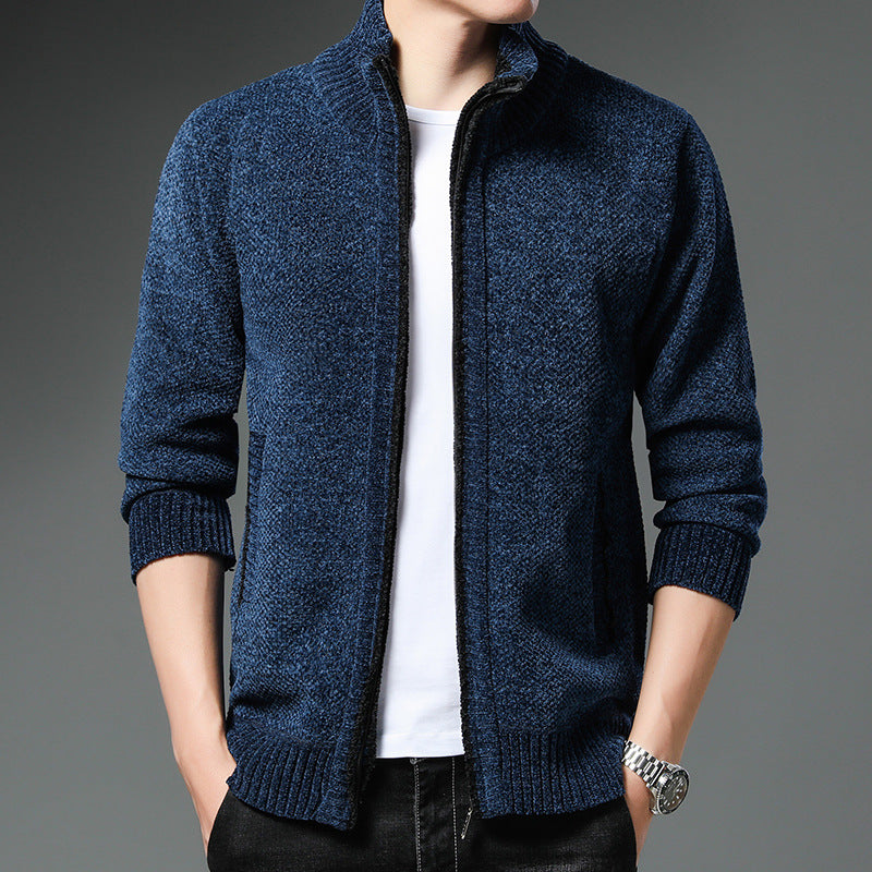 Men's High Collar Wool Coat - Casual Chenille Sweater