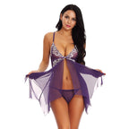 Lace V Neck Mesh Sleepwear Lingerie Set for Women