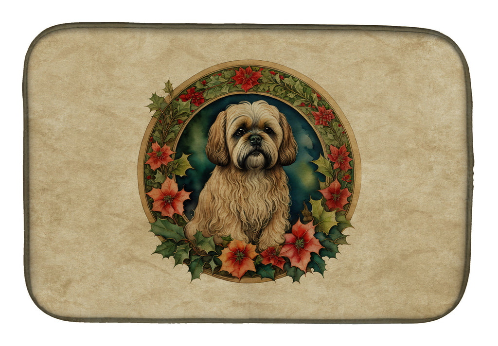 Lhasa Apso Christmas Flowers Dish Drying Mat