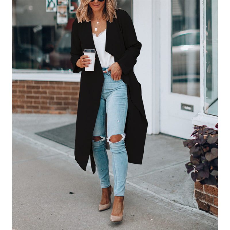 Mid-length Casual Windbreaker for Women in Solid Color