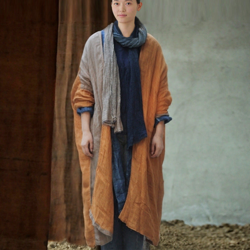 Two-color Linen Trench Coat for Leisure and Zen