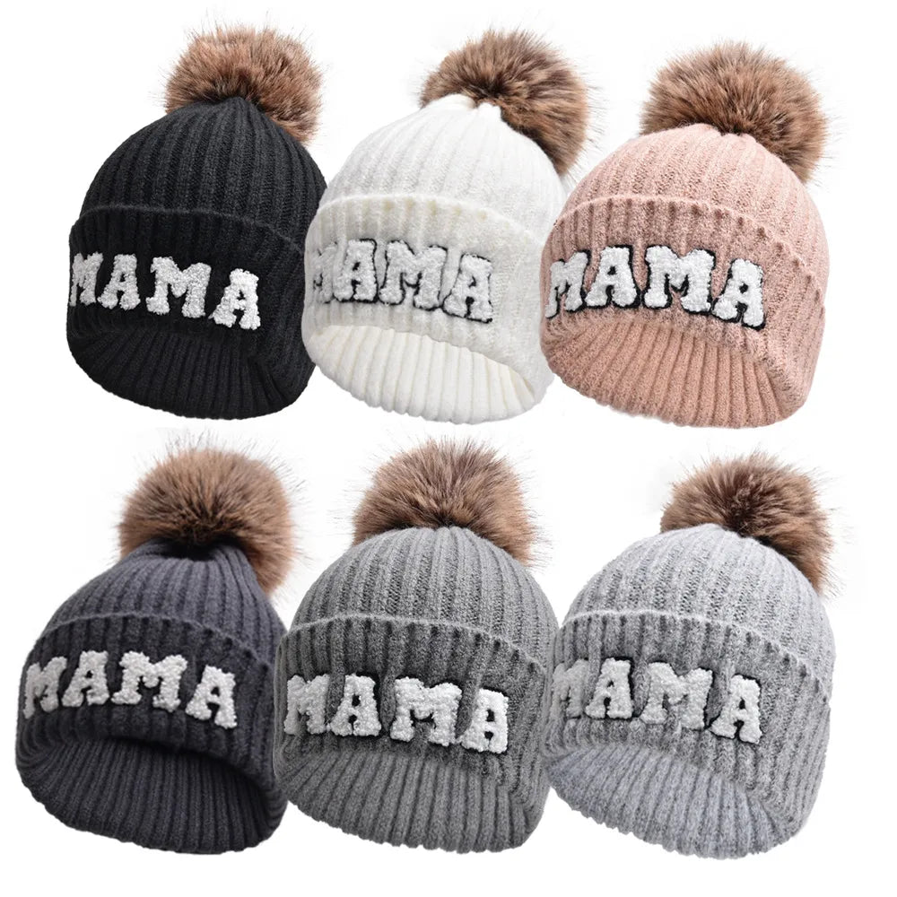 Kunyeah 3Pcs Parent-Child Beanie Hat Mama Papa Baby Matching Hats Winter Warm Cap with Pom-Pom Women Men Knitted Hat | Embroidered Cap