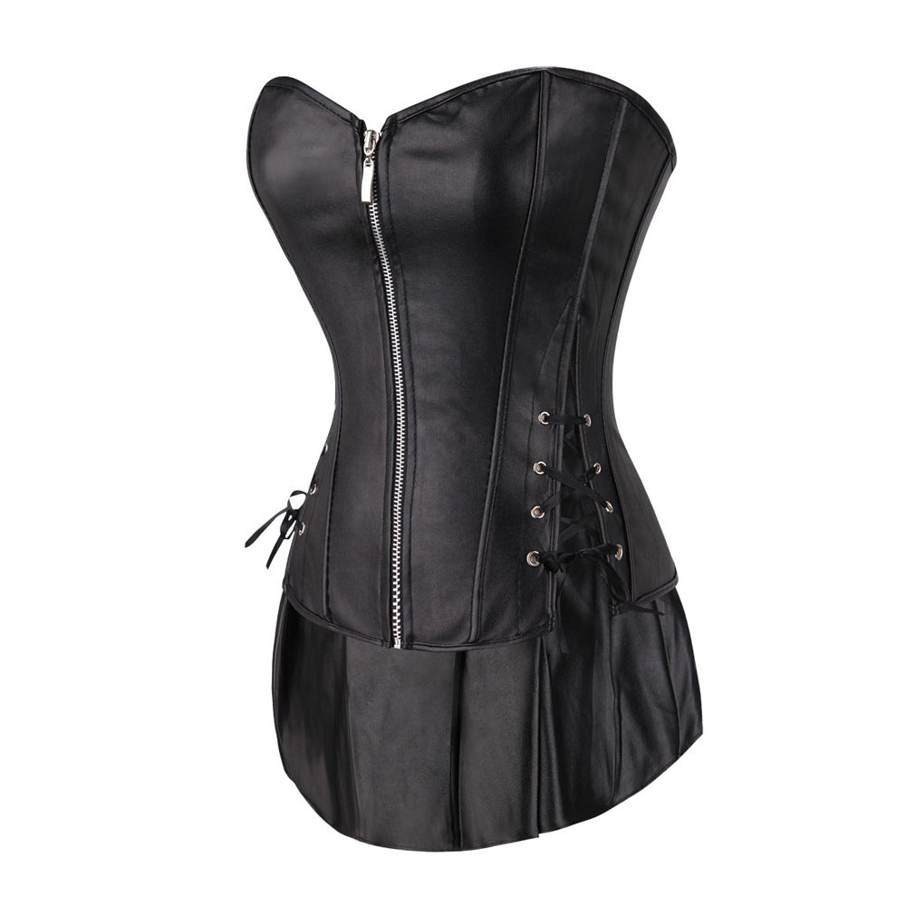 European Leather Waist Support Corset with Skirt Set