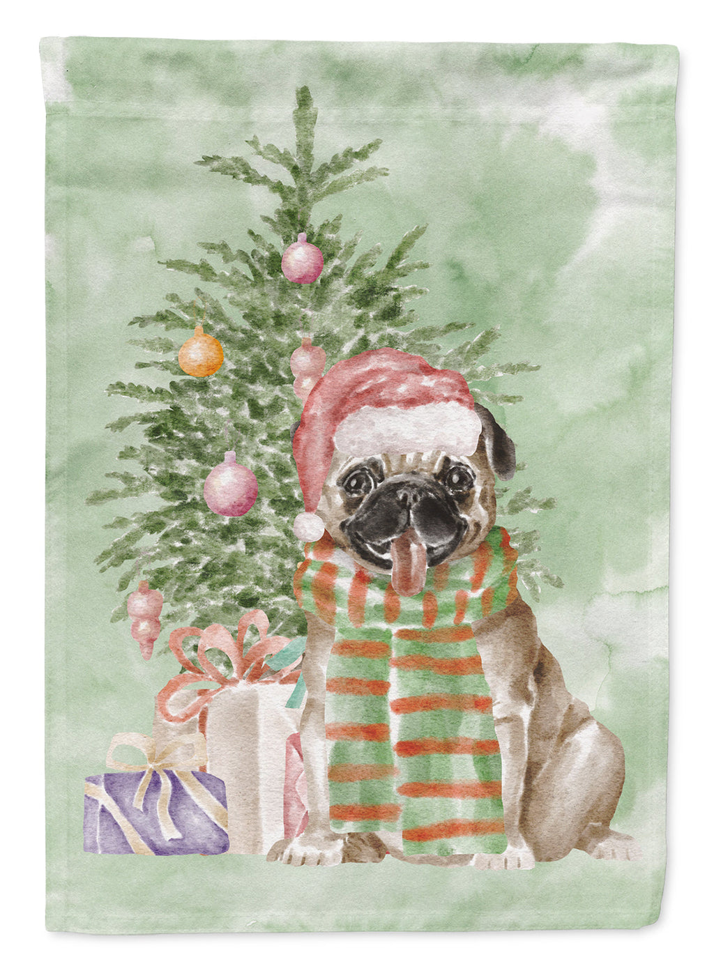 Pug Fawn Christmas Presents and Tree Garden Flag