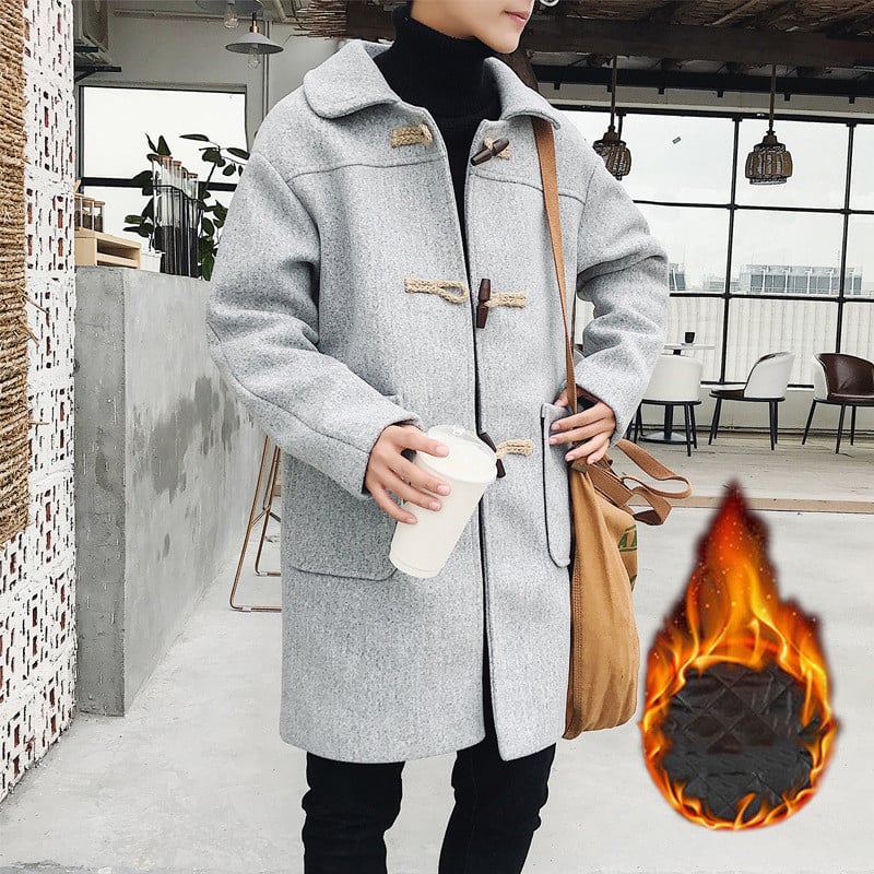 Horn Button Mid-Length Woolen Coat for Men