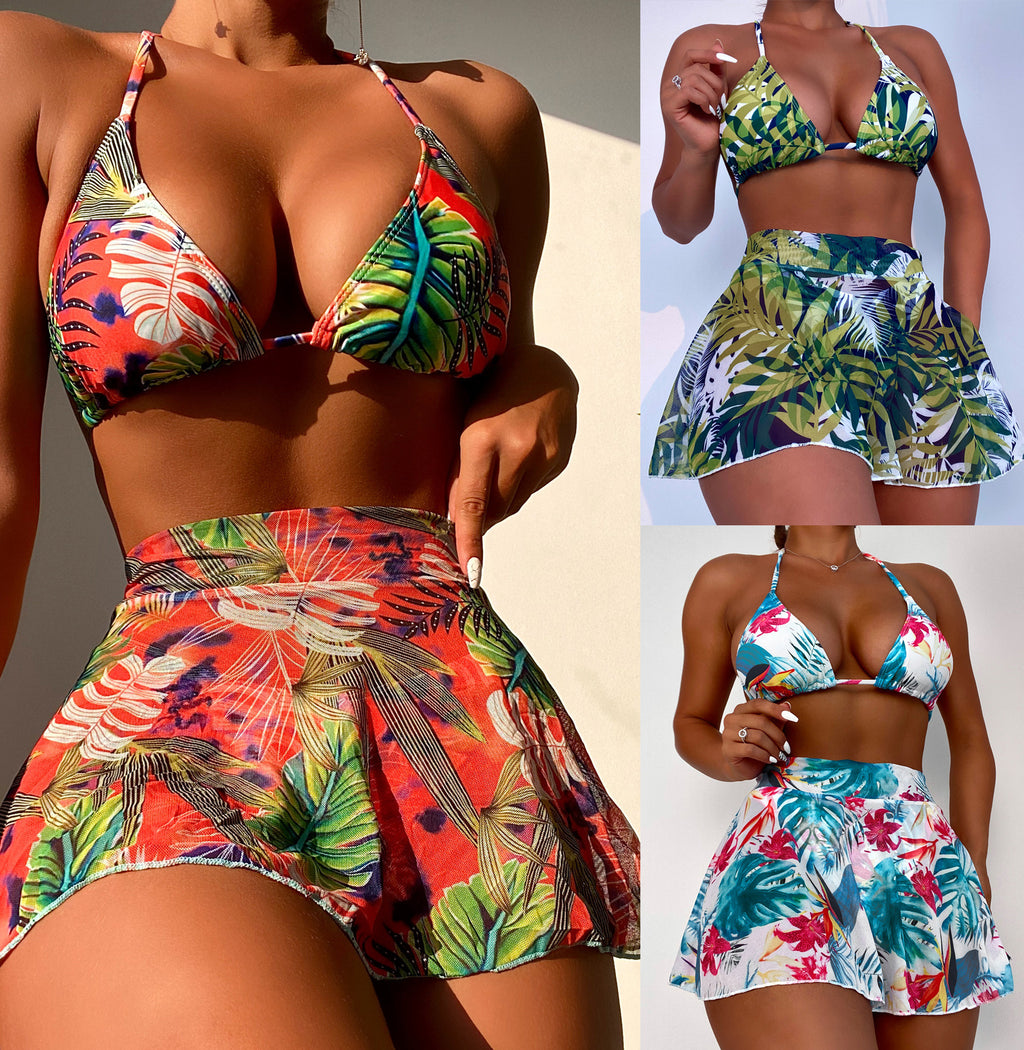 3-Piece Split Bikini Set with Large Leaf Print