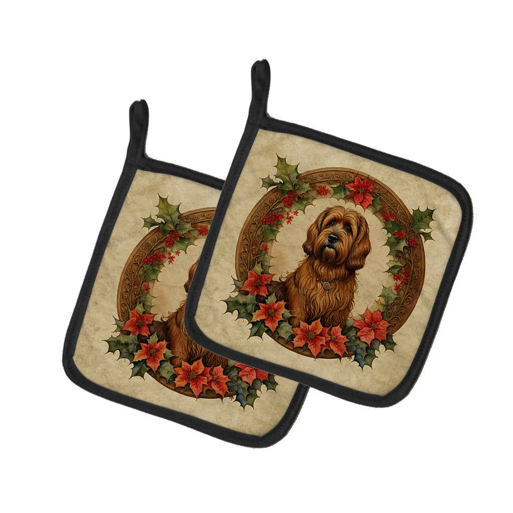 Briard Christmas Flowers Pair of Pot Holders