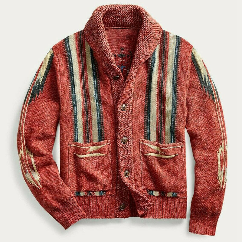 Retro Jacquard Sleeve Lapel Knitwear Sweater for Men