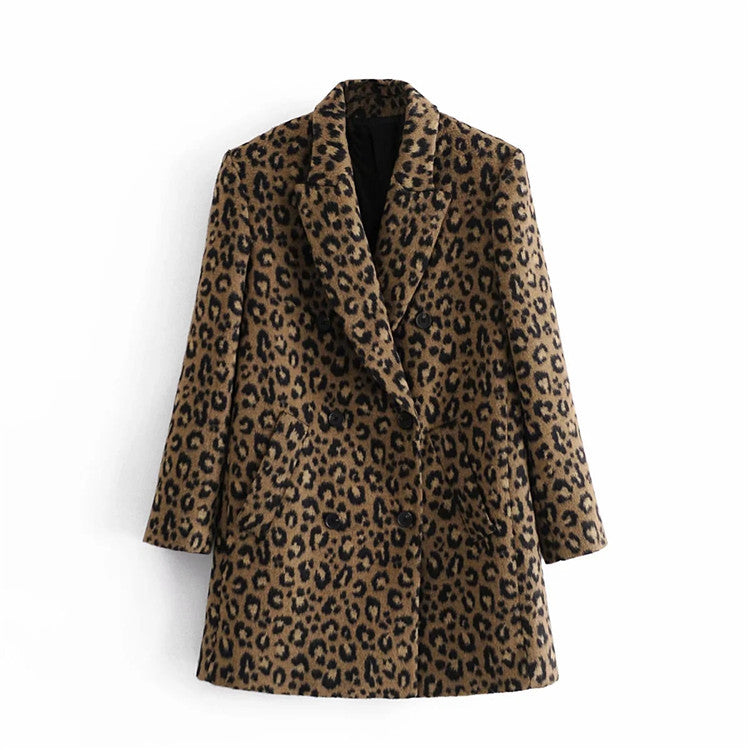 Leopard Print Mid-Length Woolen Jacket for Casual Style
