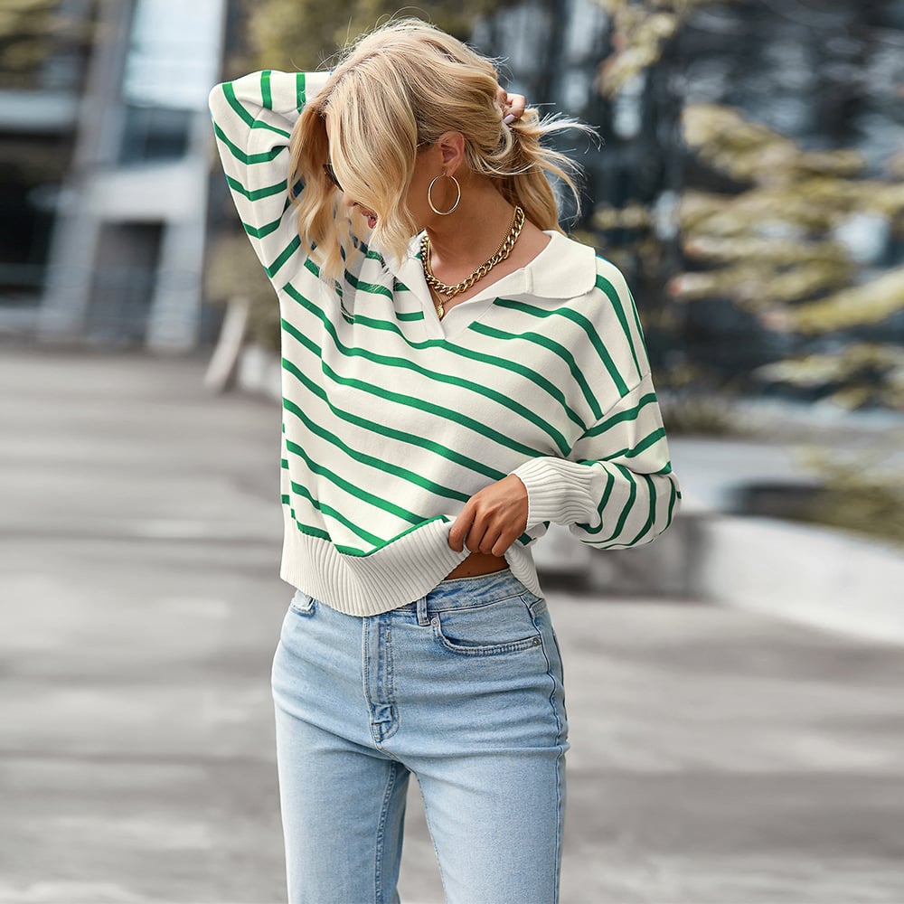 Striped Thermal Sweater - Soft Comfortable Casual Top