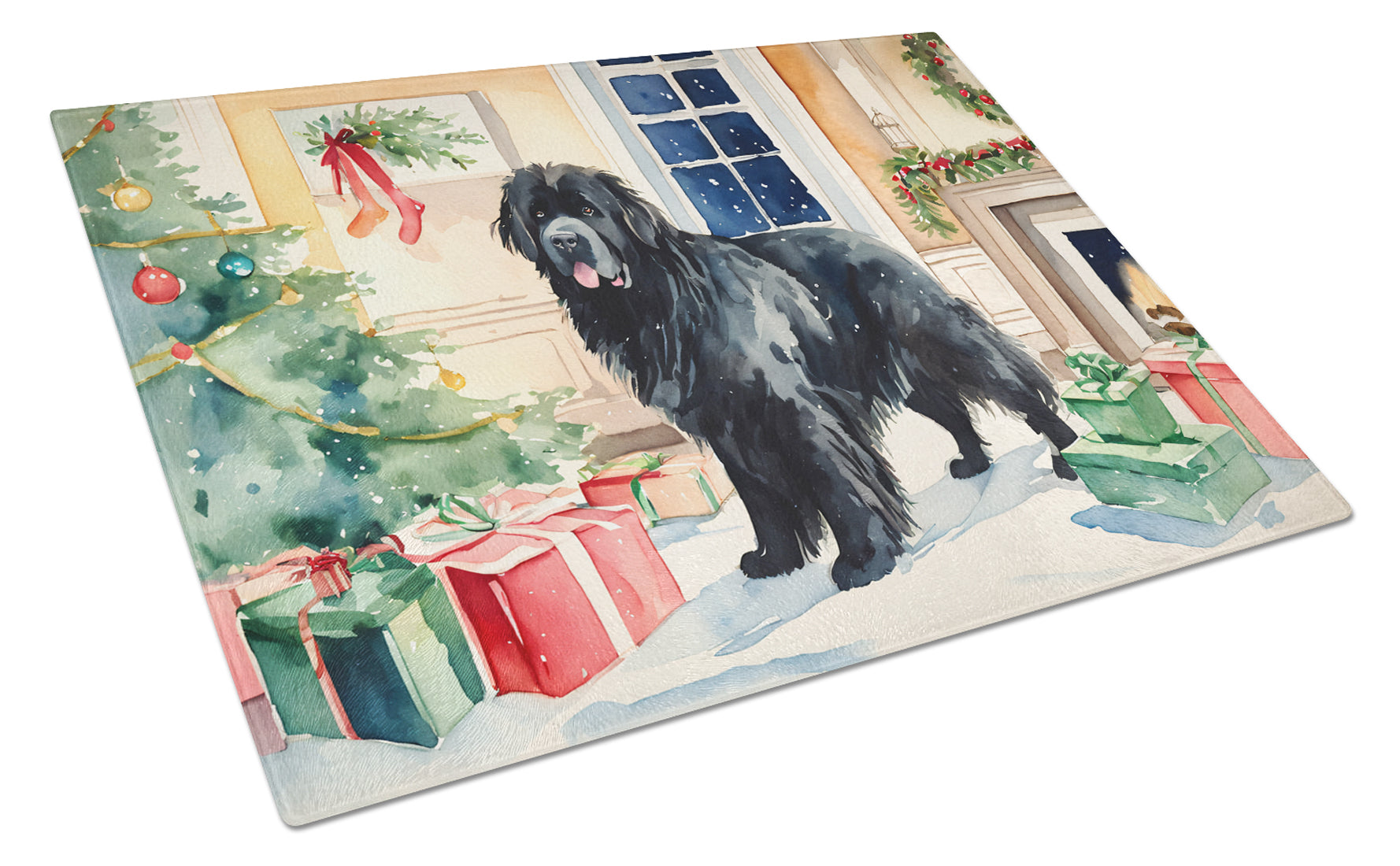 Newfoundland Cozy Christmas Glass Cutting Board