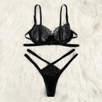 Women's Sheer Lace Strappy Bra and Thong Lingerie Set