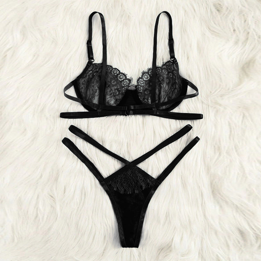 Women's Sheer Lace Strappy Bra and Thong Lingerie Set