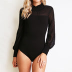 Mesh Hollow Slim Bodysuit for Women - V-Neck Long Sleeve