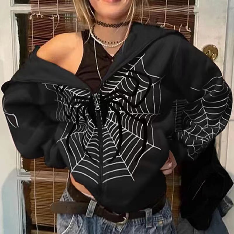 Spider Web Printed Full Zip Hoodie for Fall & Winter | Streetwear