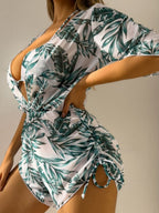 2023 Fashionable Three-Piece Bikini Set with Leaves Print