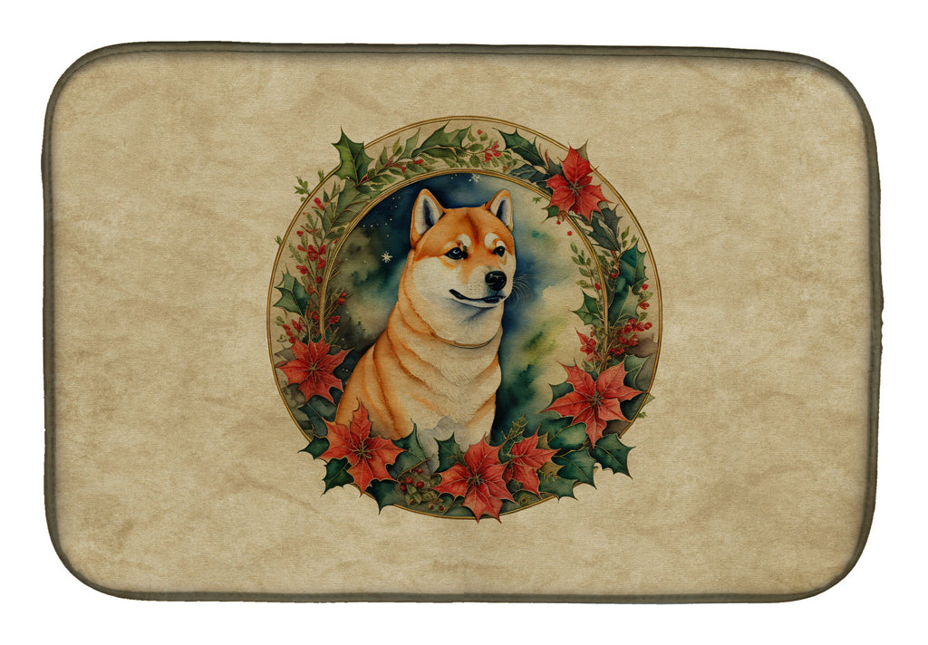 Shiba Inu Christmas Flowers Dish Drying Mat