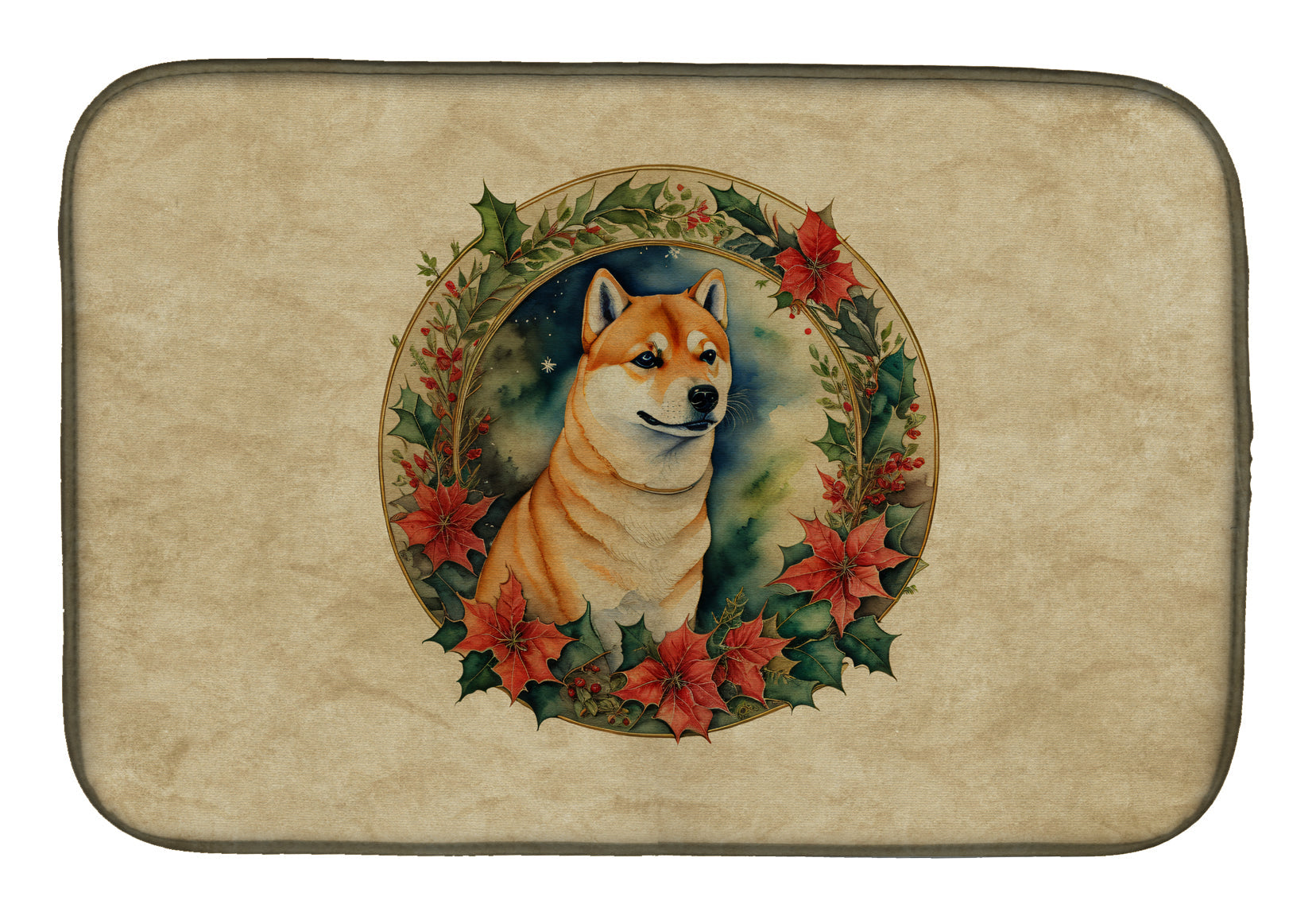Shiba Inu Christmas Flowers Dish Drying Mat