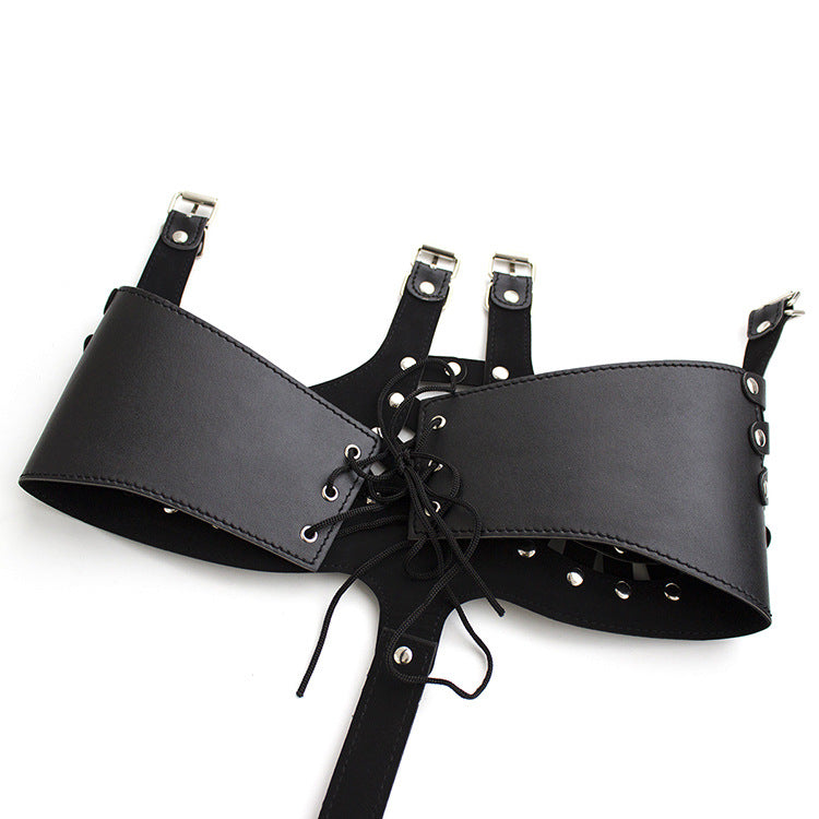Black Leather Bodysuit with Open-Breast Design