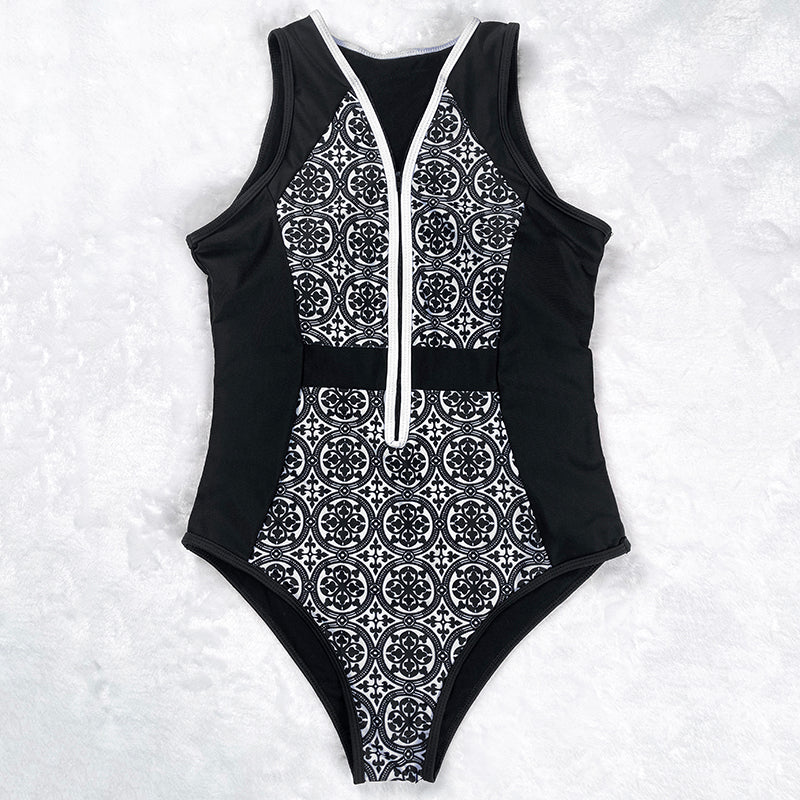 Vintage Retro Zipper One Piece Swimsuit for Women