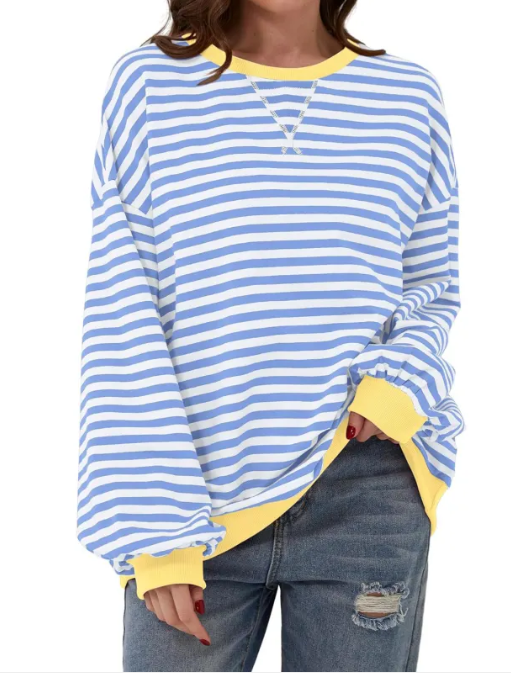 Loose Striped Long Sleeve T-shirt Casual Pullover Sweater For Womens Clothing | Streetwear