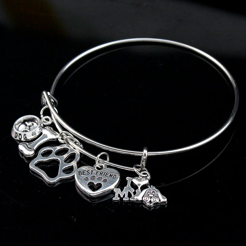 I Love My Dog Charm Bangle Bracelet with Paw Print