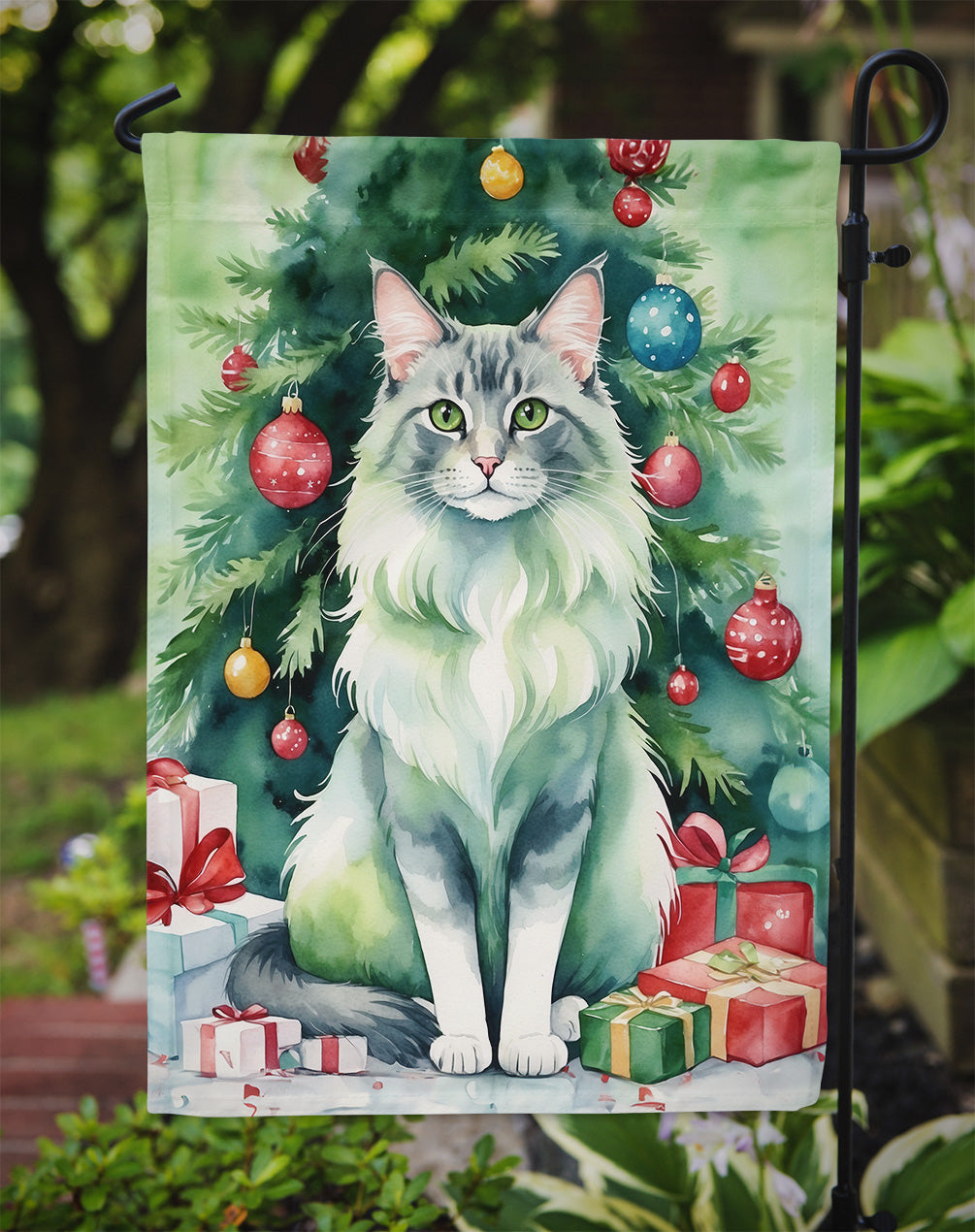 Oriental Longhair Cat By the Christmas Tree Garden Flag