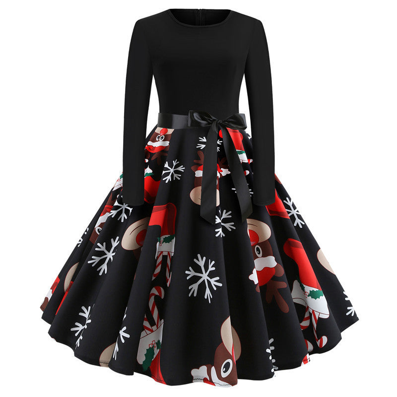 Vintage Round Neck Printed Dress for Christmas