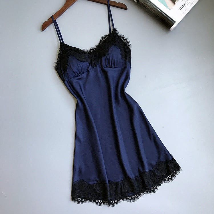 Silk Lace Trim V-Neck Nightgown with Cups (Summer)