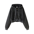 Retro Washed Plush Hooded Zipper Sweater Blouse