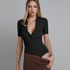 Women's POLO Neck Knitted Bodysuit for Couples' Outings